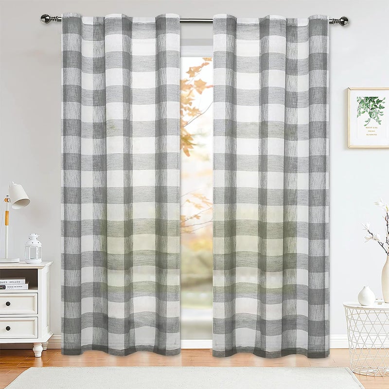 Amzdecor Grey Buffalo Plaid Curtains 84 Inch Long Linen Textured Sheer Panels Buffalo Check Plaid Rod Pocket Rustic Window Treatment Sets for Living Room Bedroom Farmhouse,2 Panels,40'x84'',Gray/White - Image 1